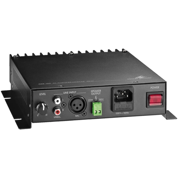 Schwarzer Verstärker mit Anschlüssen: Pegelregler, Line Input, Speaker Output, Power-Schalter. Geeignet für Audioinstallationen.